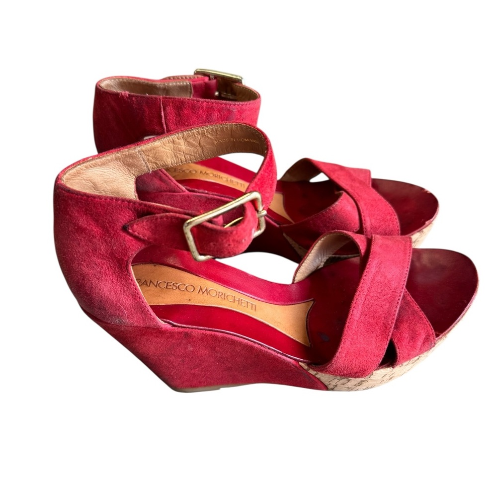 Francesco Morichetti Red Suede Wedge Sandals Size 7.5